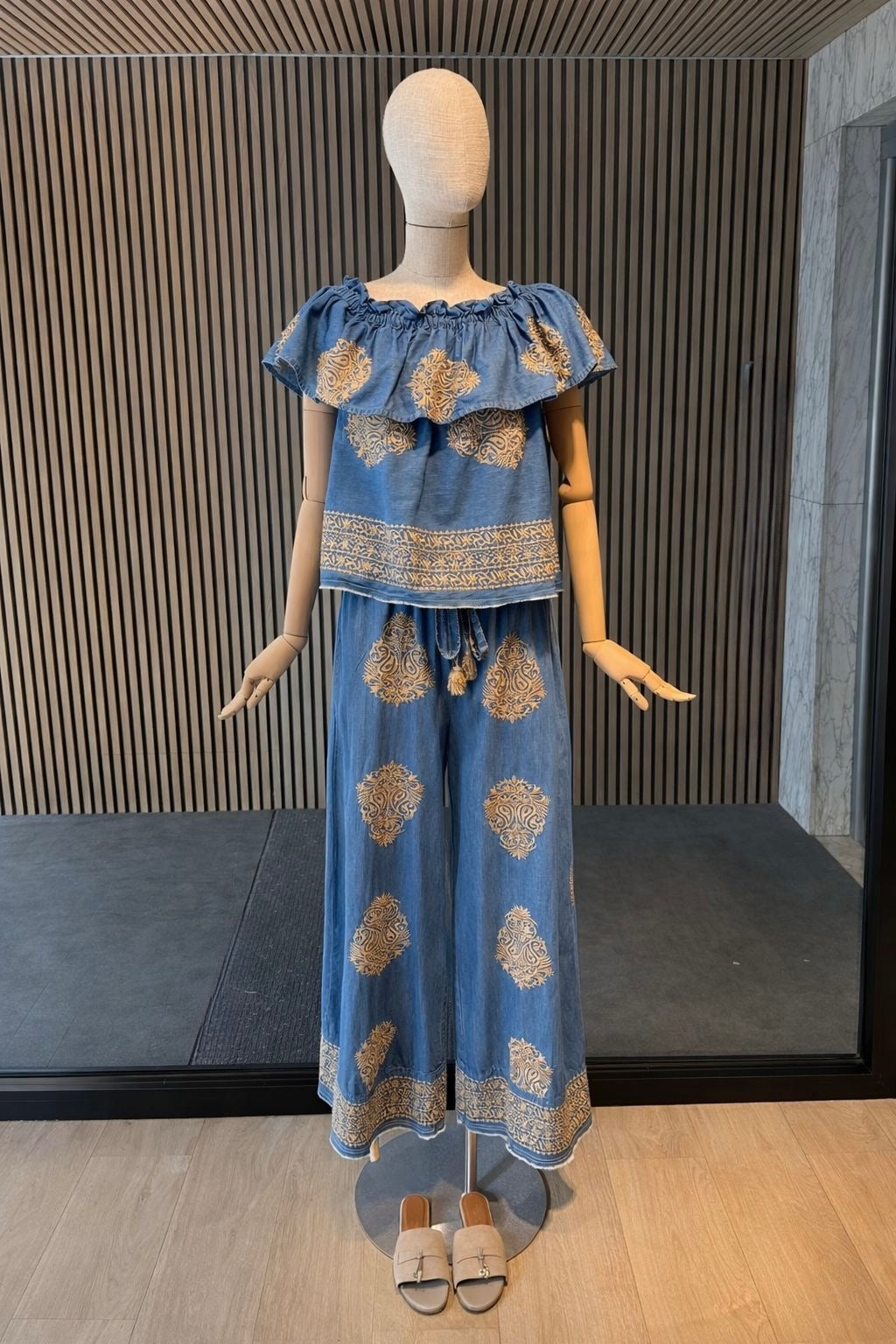Blue Embroidered Top - Boho Ruffle Neck Summer Blouse