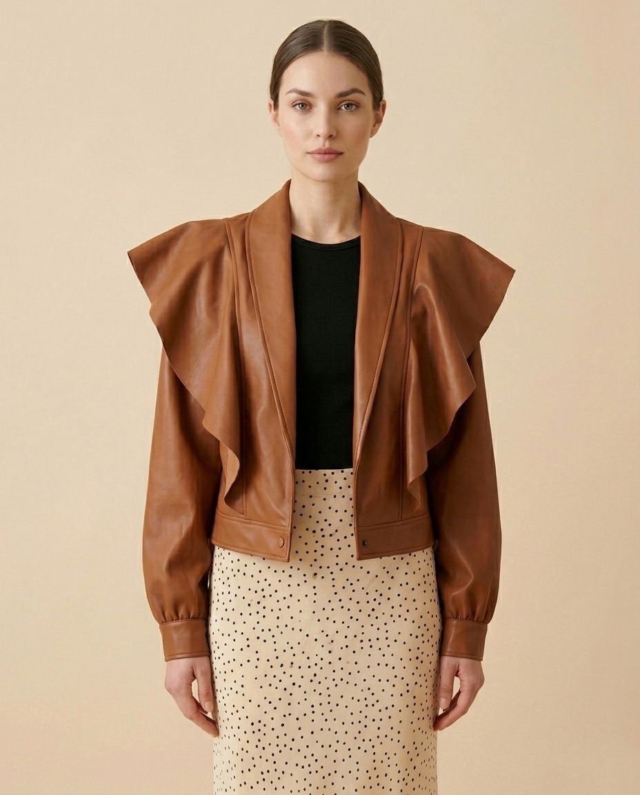 Brown Faux Leather Ruffle Jacket - Cropped Statement Blazer with Dramatic Frill Detail