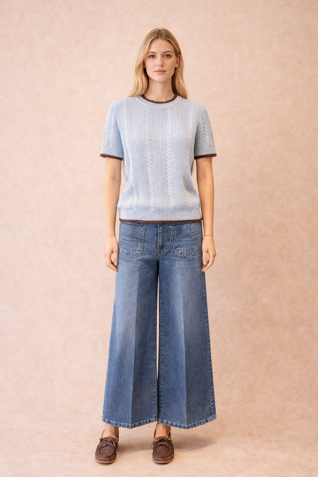 Light Blue Cable Knit Short Sleeve Sweater With Brown Trim