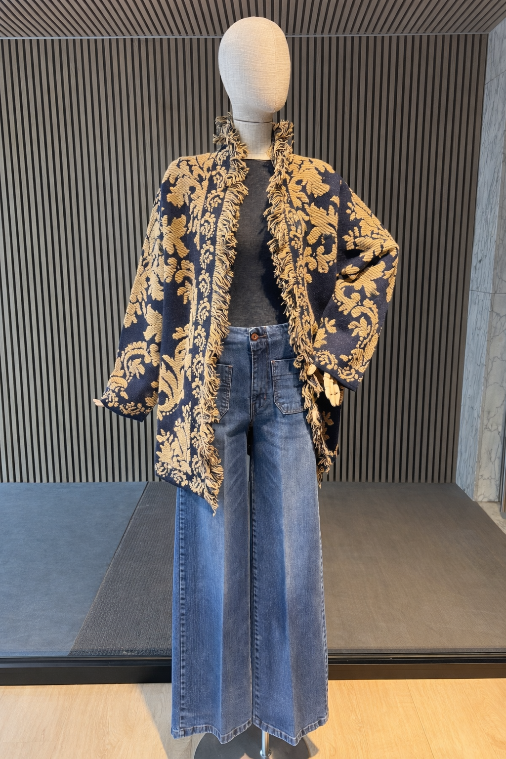 Navy Damask Fringe Relaxed-Fit Cardigan