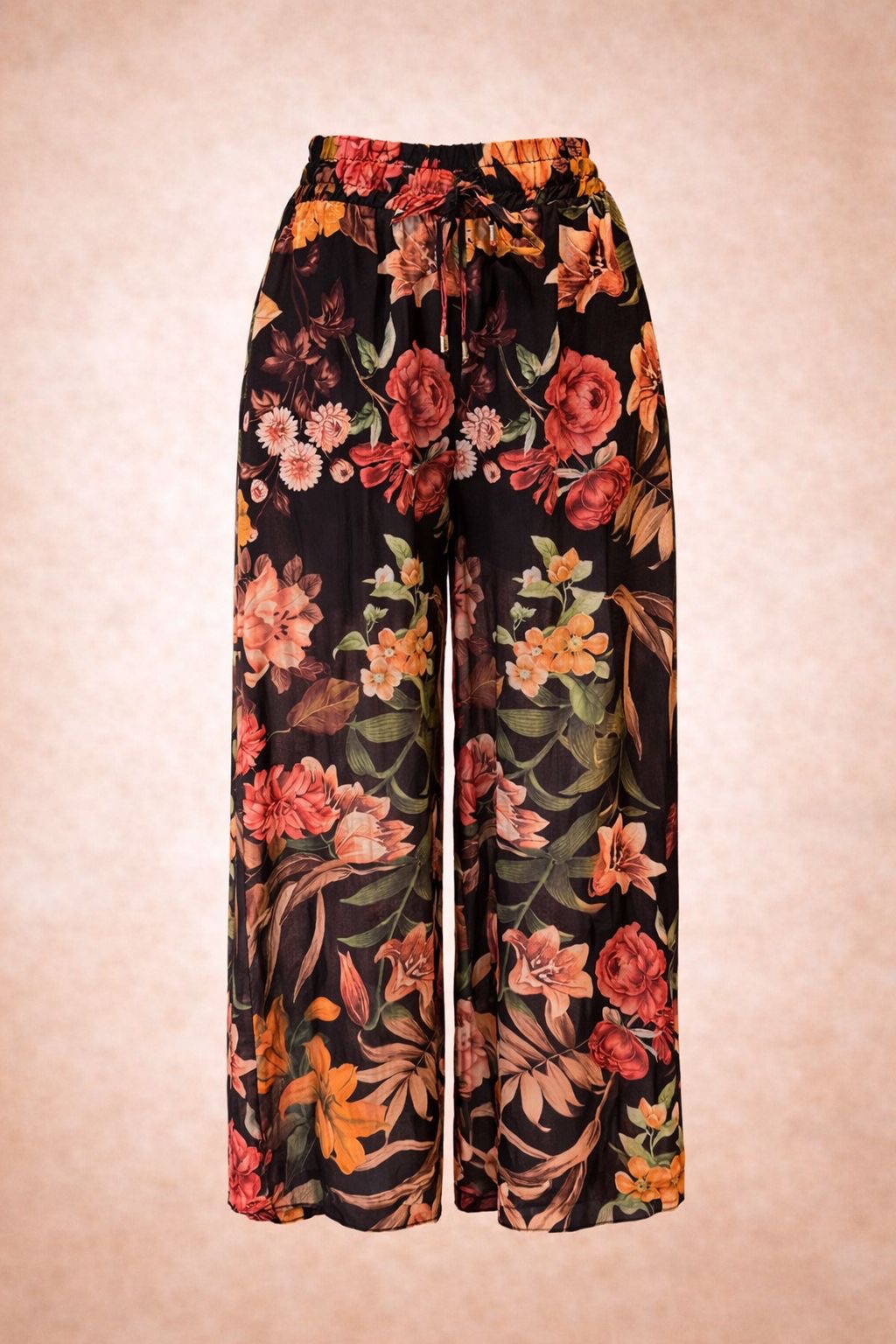 Black Floral Wide-Leg Trousers - Lightweight Maxi Pants for Women