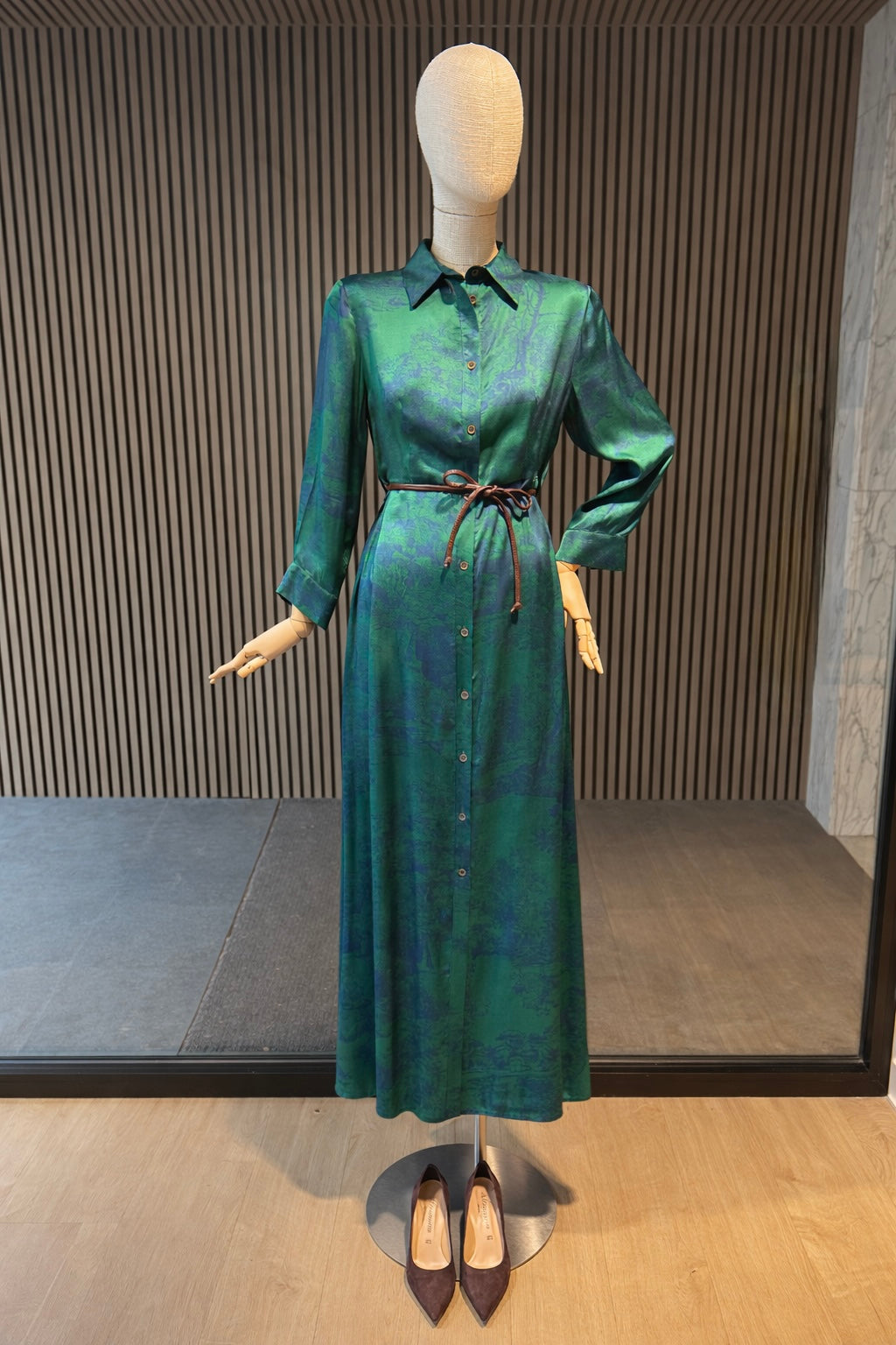 Emerald/Navy Print Maxi Shirt Dress