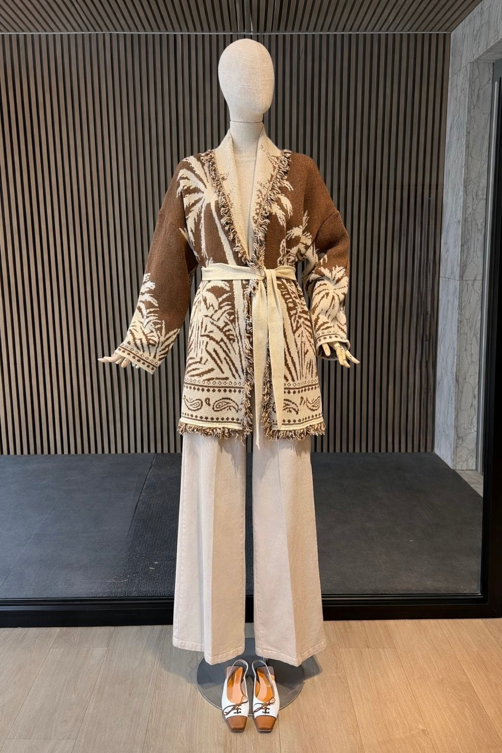 Palm Jacquard Belted Oversized Cardigan - Beige & Brown Boho Knit Jacket
