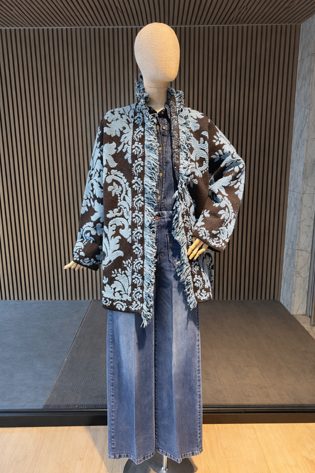 Brown Damask Fringe Relaxed-Fit Cardigan