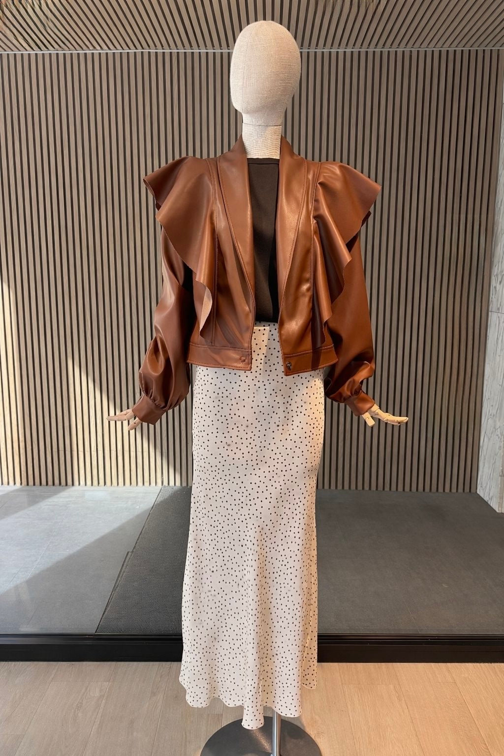 Brown Faux Leather Ruffle Jacket - Cropped Statement Blazer with Dramatic Frill Detail