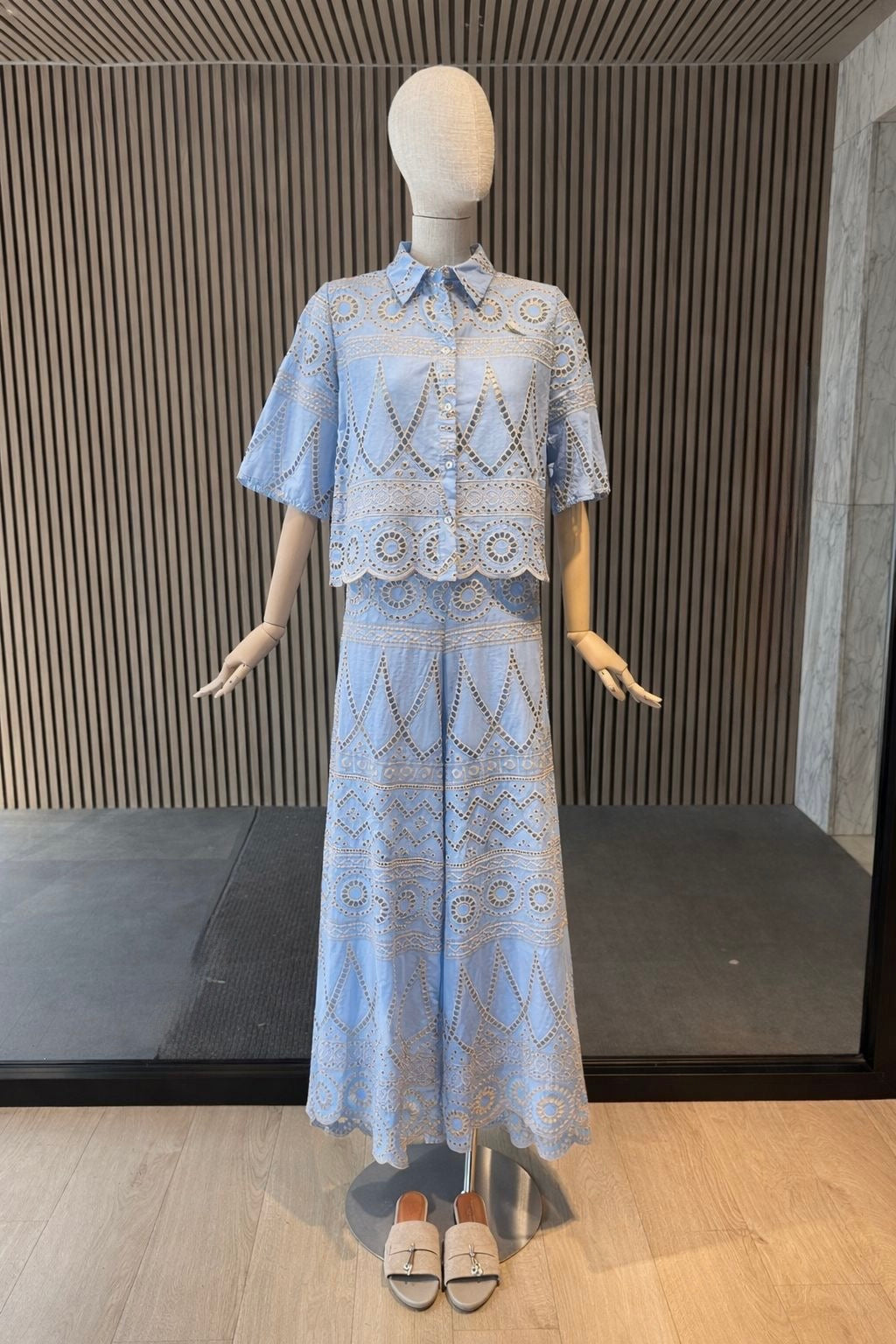 Sky Blue Broderie Anglaise Wide Leg Trousers - Maxi Length Lace Cotton Pants