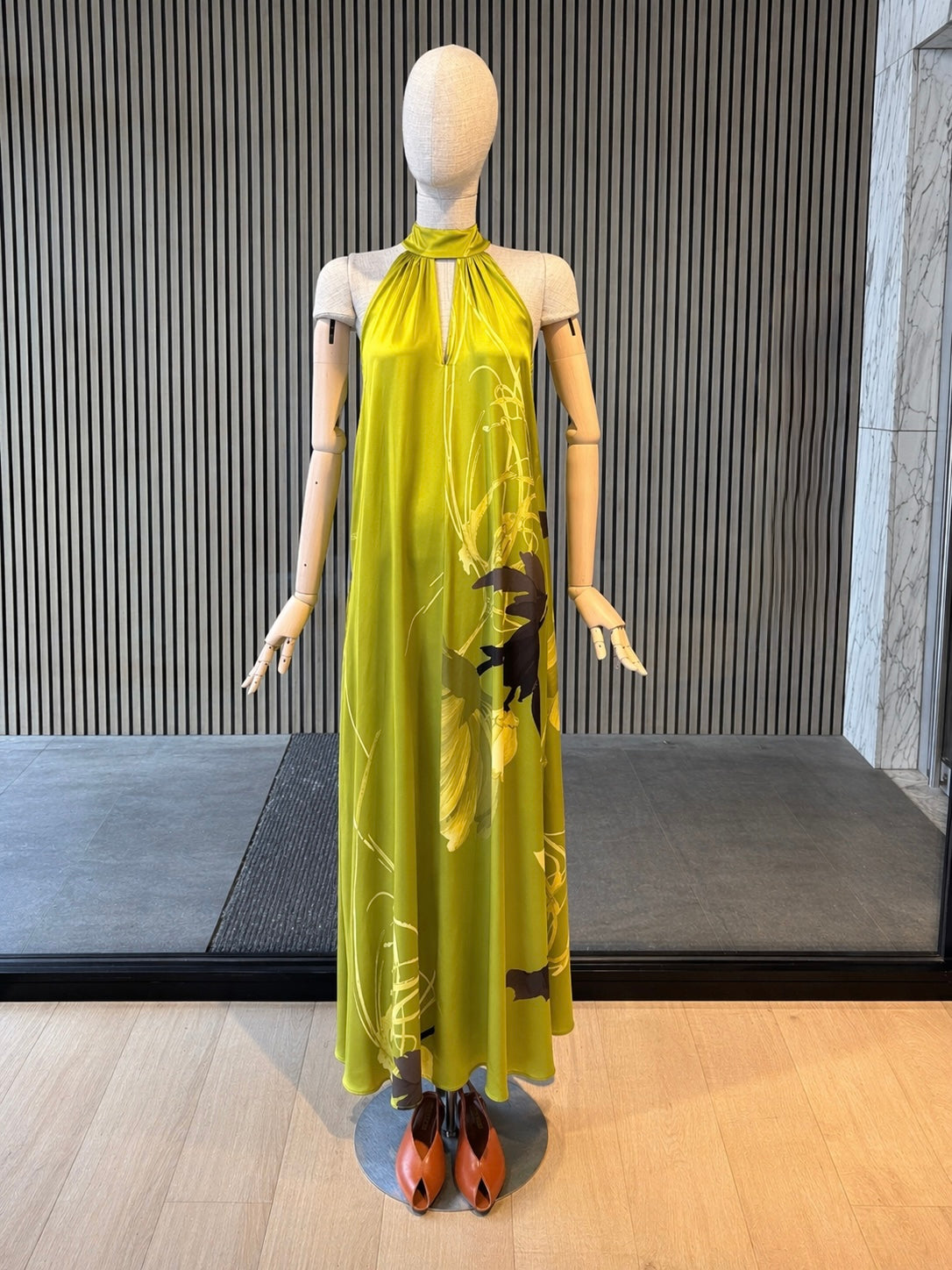 Lime Green Halter Neck Maxi Dress - Flowing Floral Print Dress