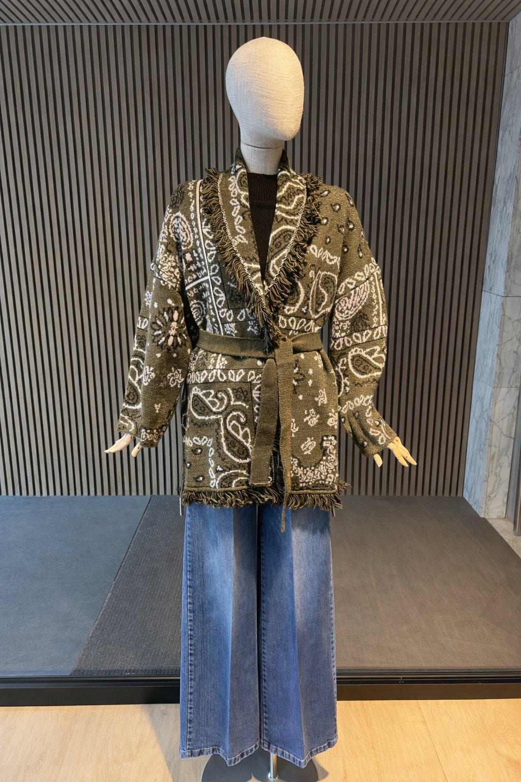 Olive Paisley Fringe Relaxed-Fit Cardigan