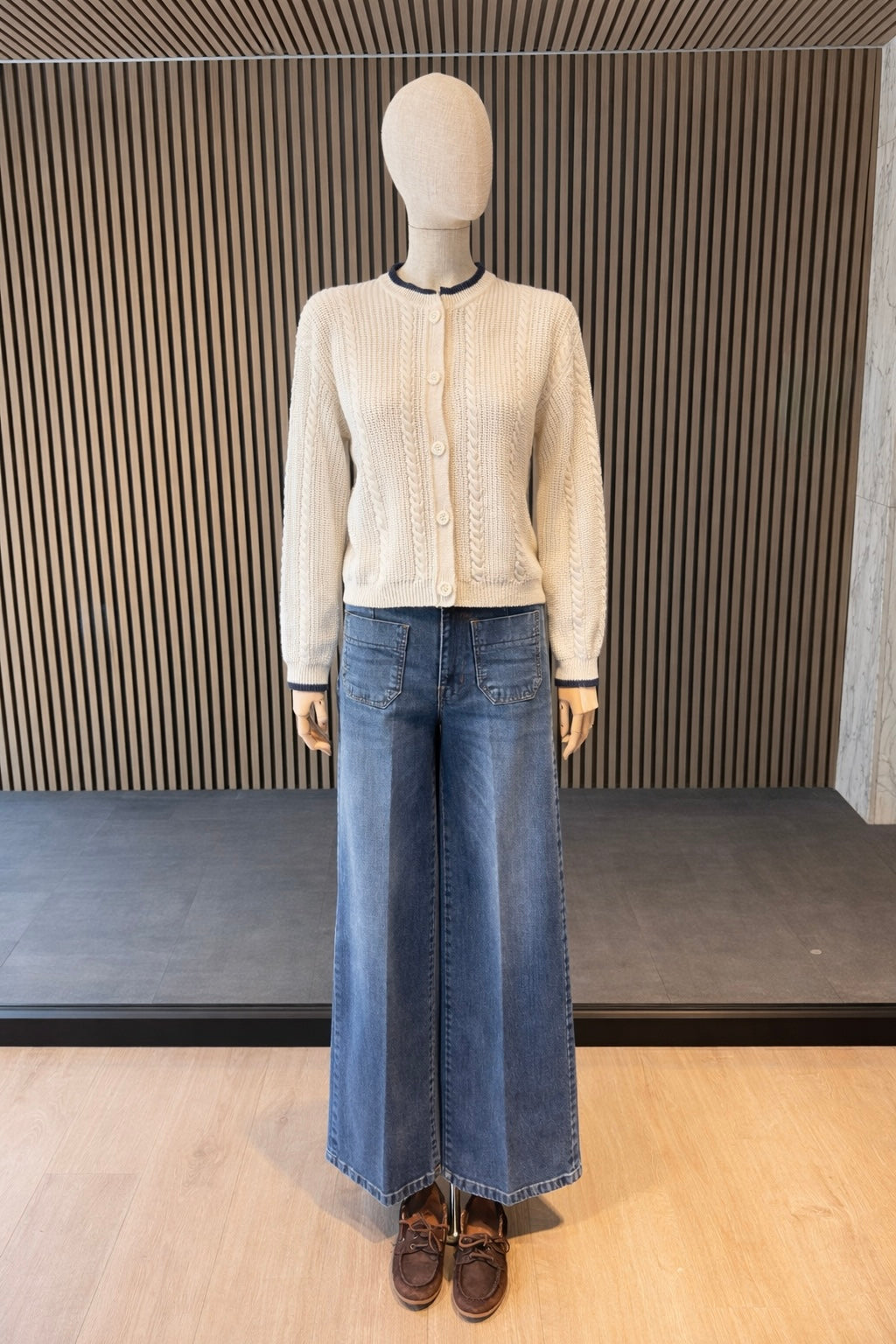 White Cable Knit Cardigan With Navy Trim - Women's Button Front Sweater