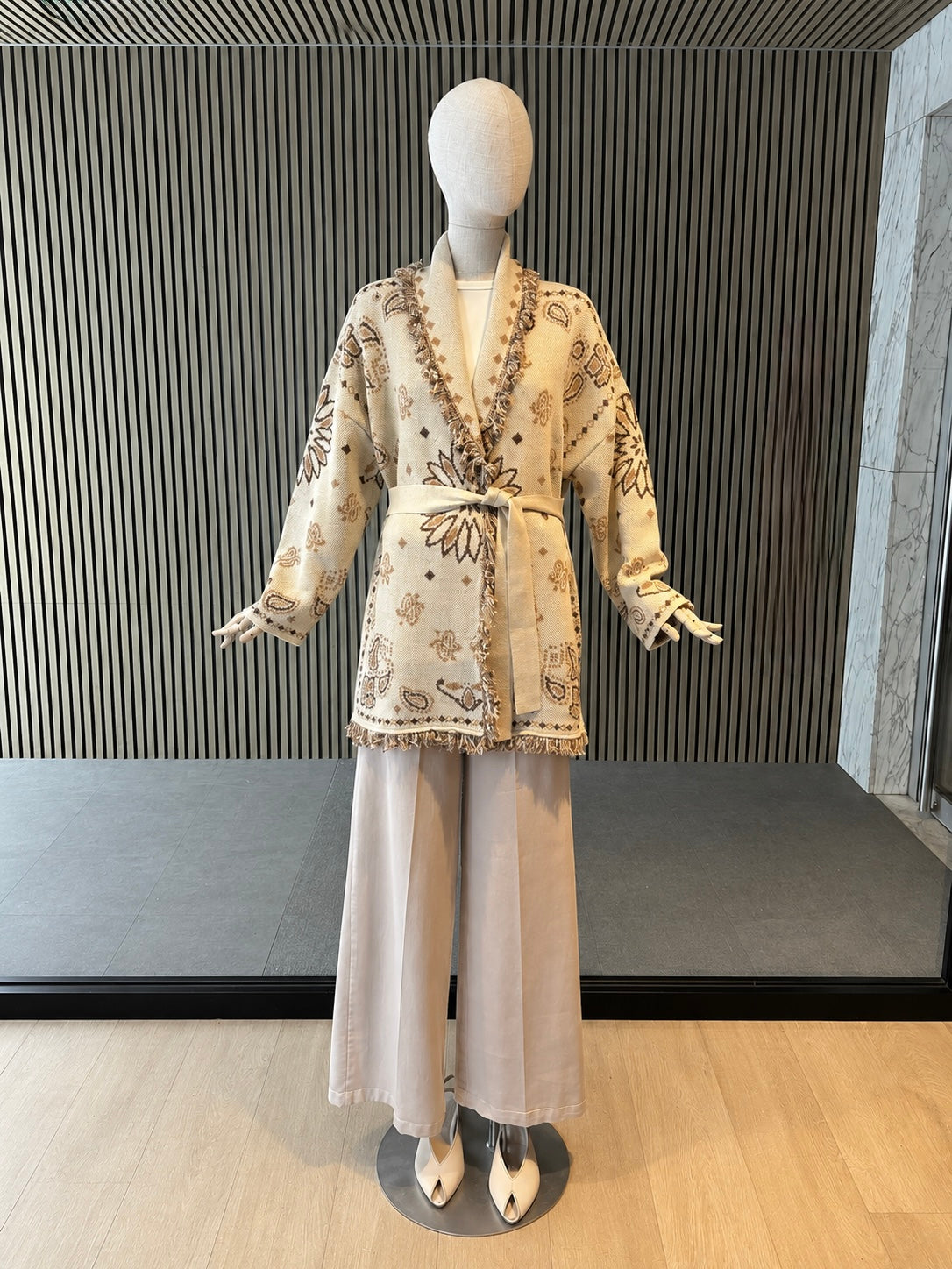 Cream Boho Knit Cardigan With Belt - Oversized Fringe Jacquard Cardigan