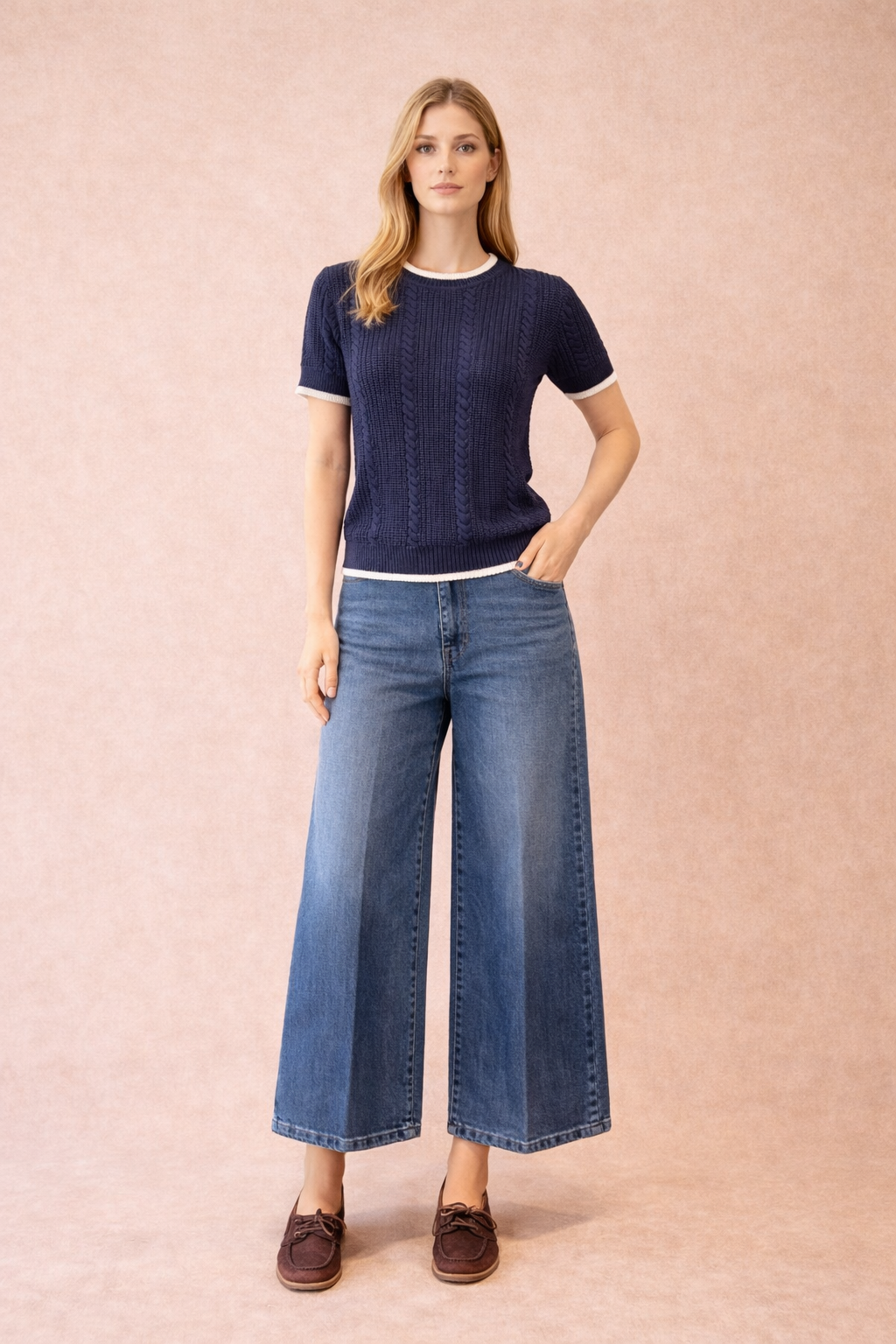 Navy Cable Knit Short Sleeve Sweater With White Trim