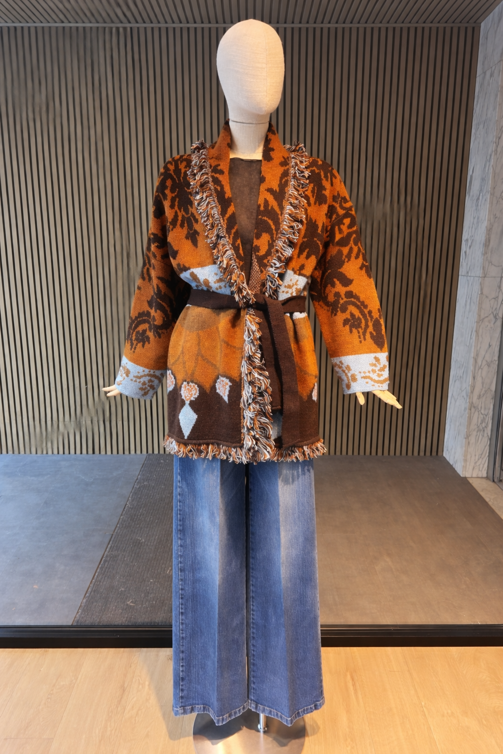 Fringed Bohemian Jacquard Knit Cardigan - Burnt Orange