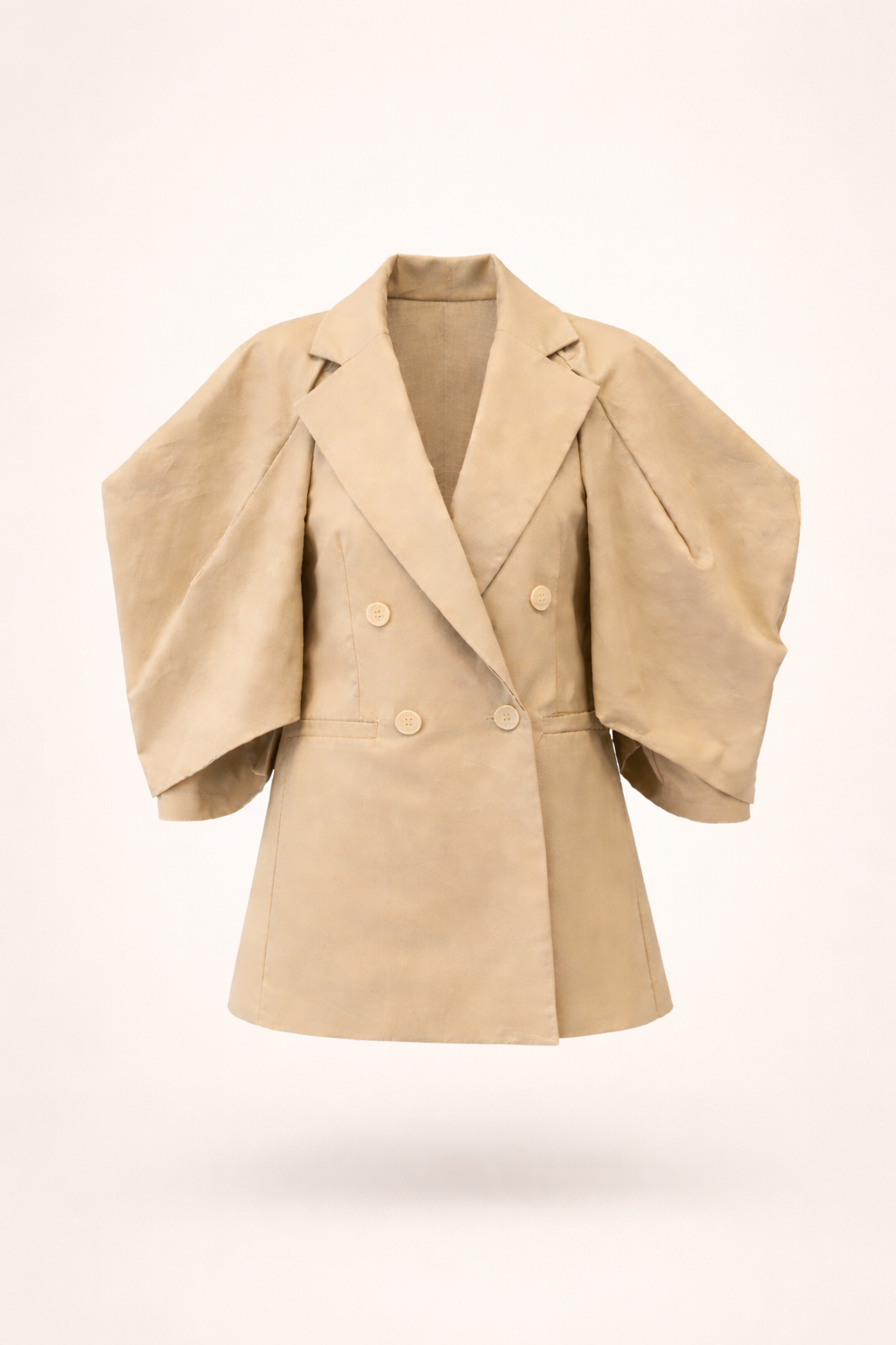 Relaxed Fit Beige Statement Blazer with Puff Sleeves - Elegant Tailored Jacket