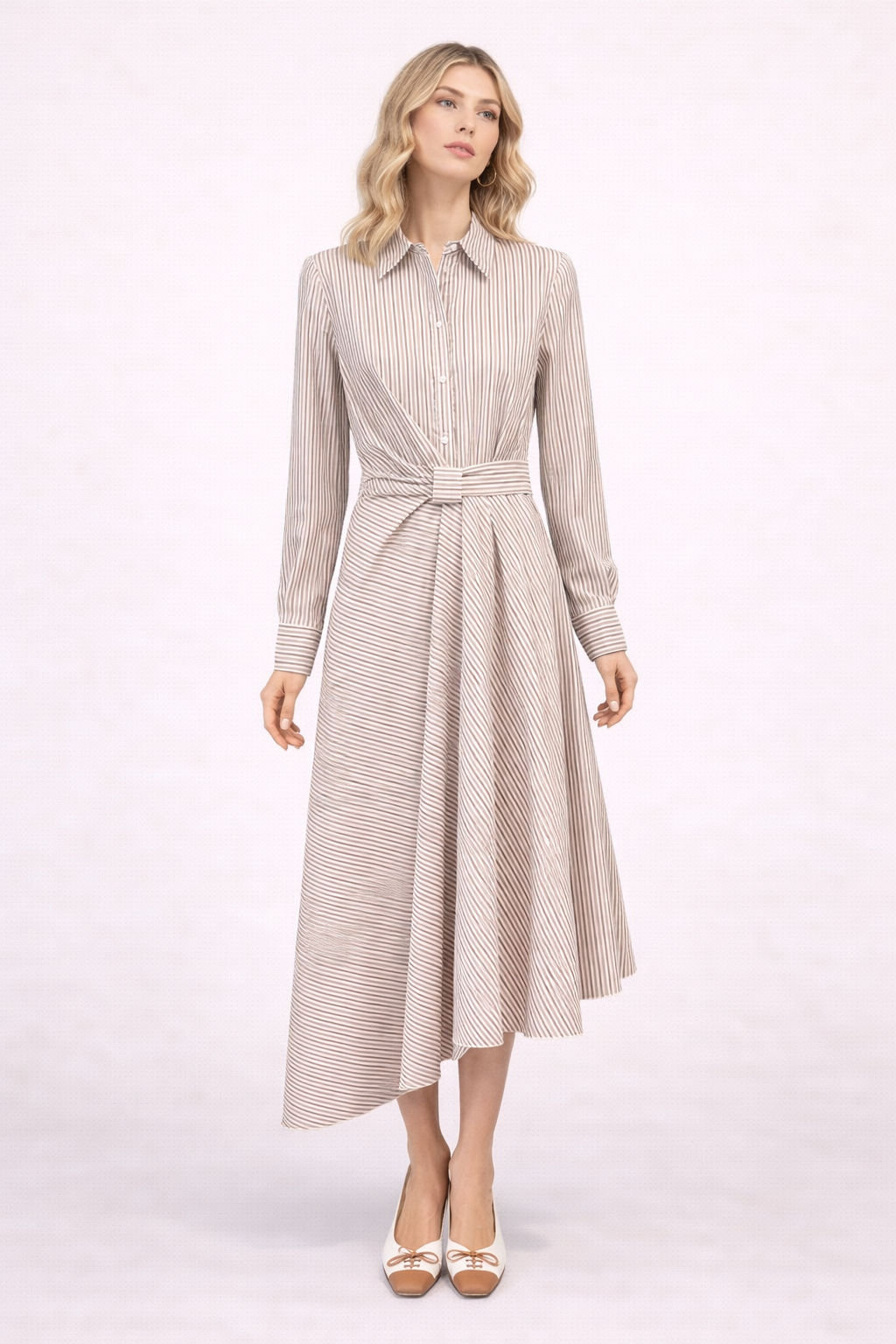 Beige Stripe Asymmetrical Shirt Dress -  Belted Long Sleeve Dress