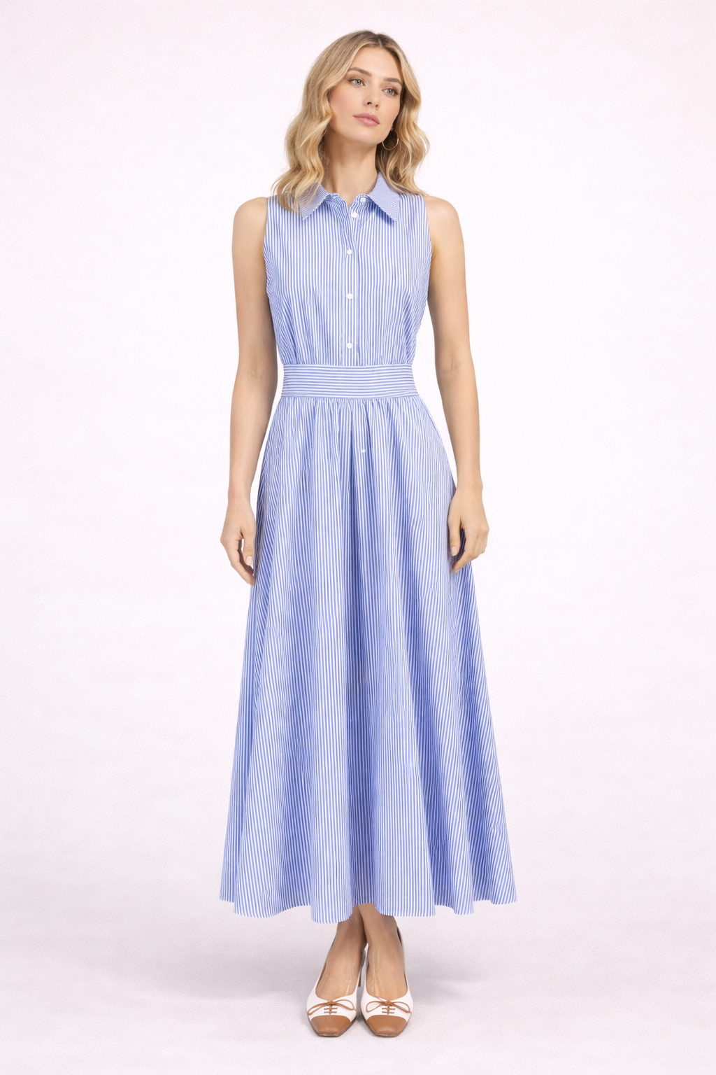 Blue Stripe Collared Maxi Dress - Sleeveless Button Front Cotton Dress
