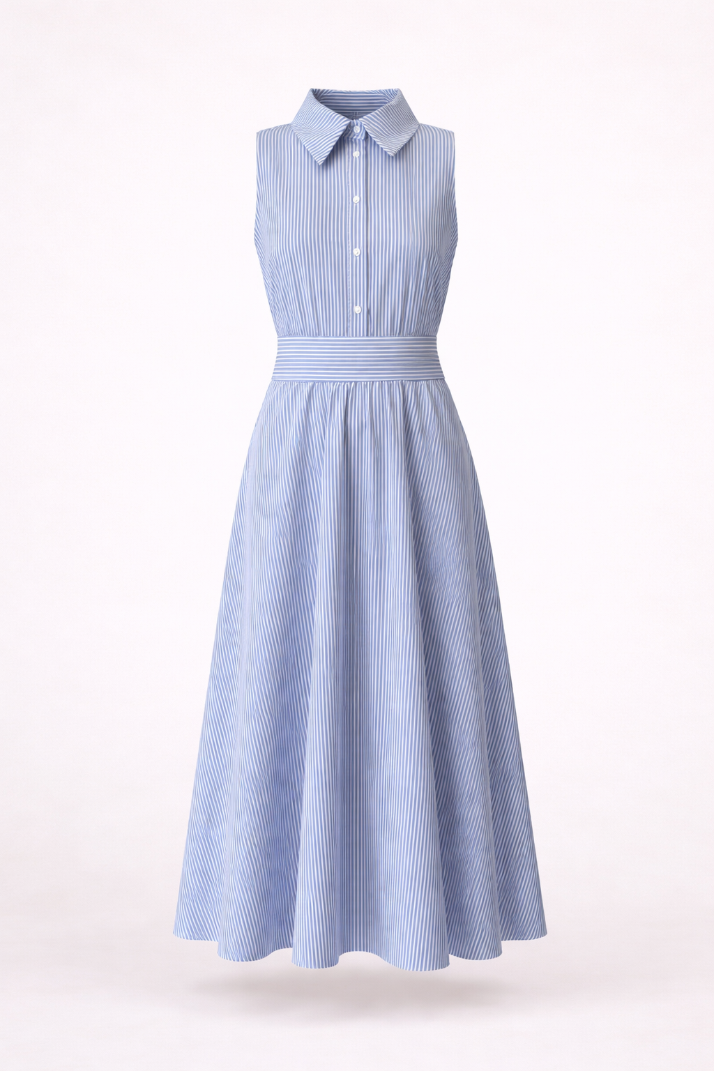 Blue Stripe Collared Maxi Dress - Sleeveless Button Front Cotton Dress