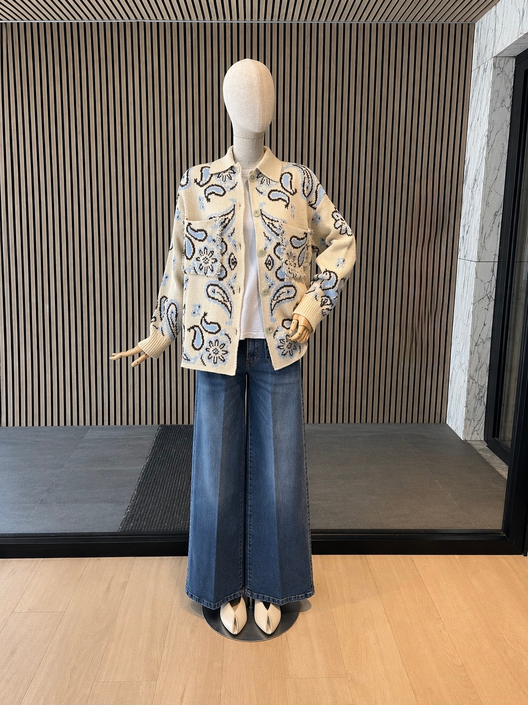 Cream Paisley Knit Cardigan - Relaxed Fit Button-Up Jacket