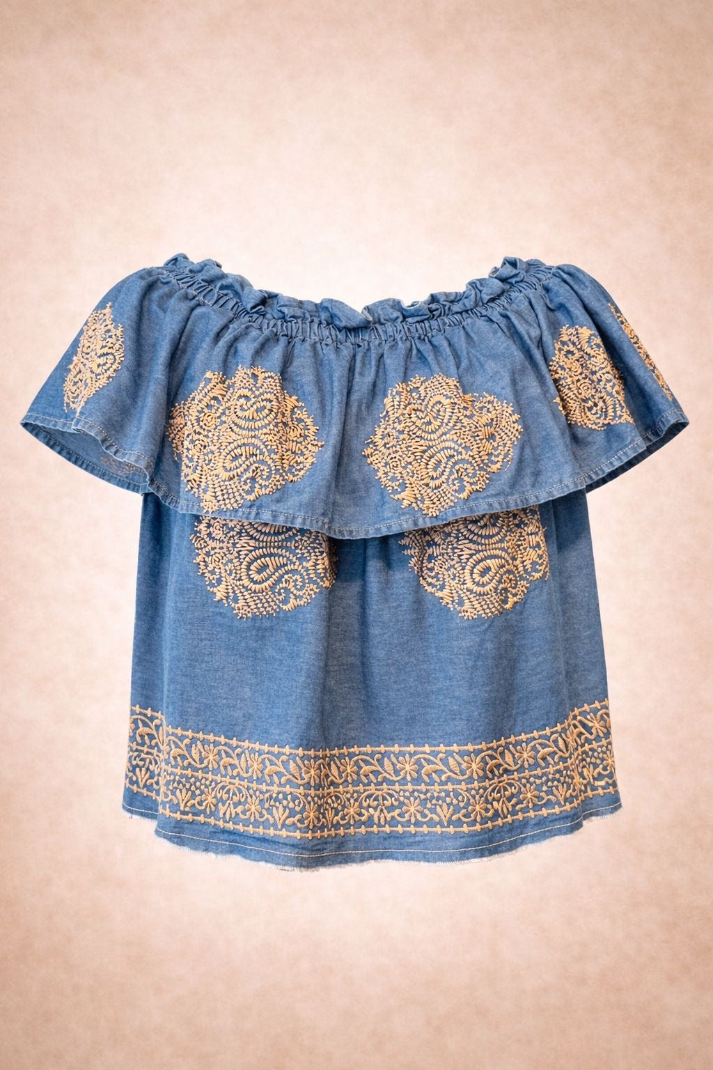 Blue Embroidered Top - Boho Ruffle Neck Summer Blouse