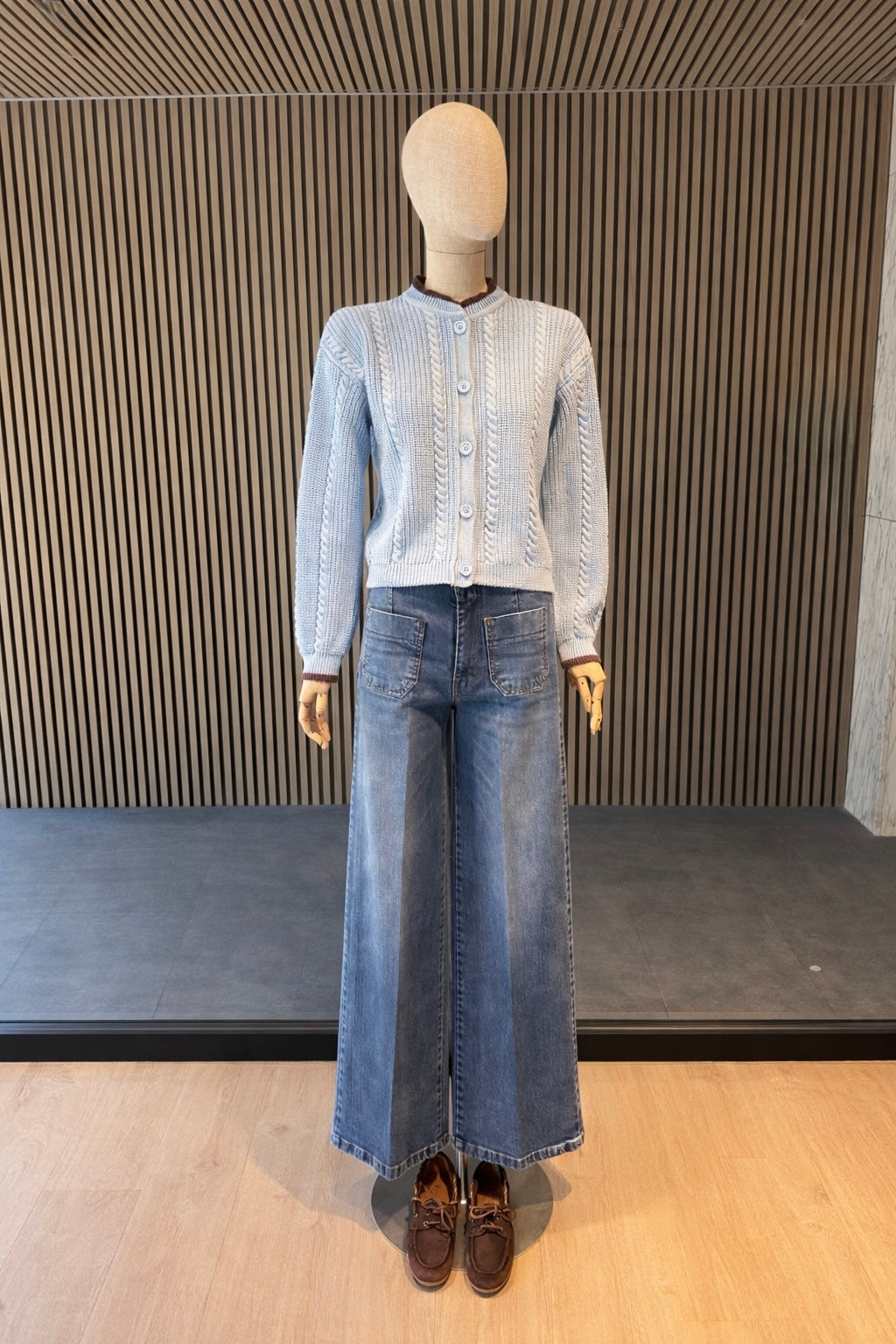 Light Blue Cable Knit Cardigan With Brown Trim - Women's Button Front Sweater