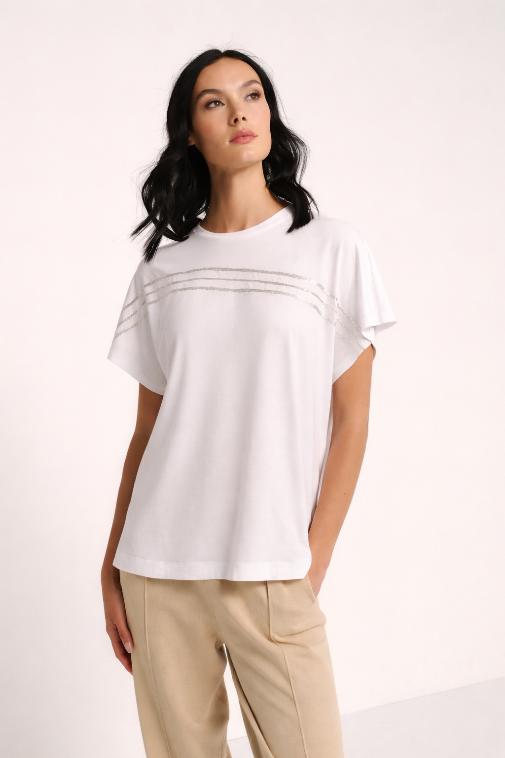 White Relaxed T-Shirt with Silver Foil Stripes – Soft Premium Casual Top