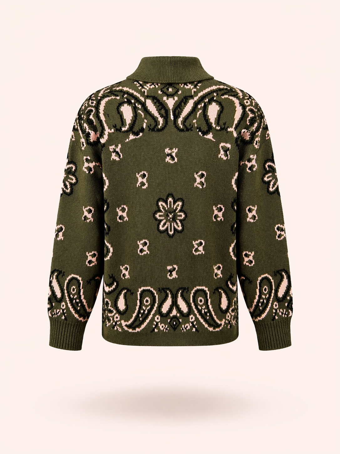 Olive Paisley Knit Cardigan Jacket - Relaxed Fit Button-Up