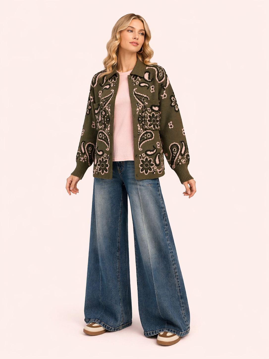 Olive Paisley Knit Cardigan Jacket - Relaxed Fit Button-Up