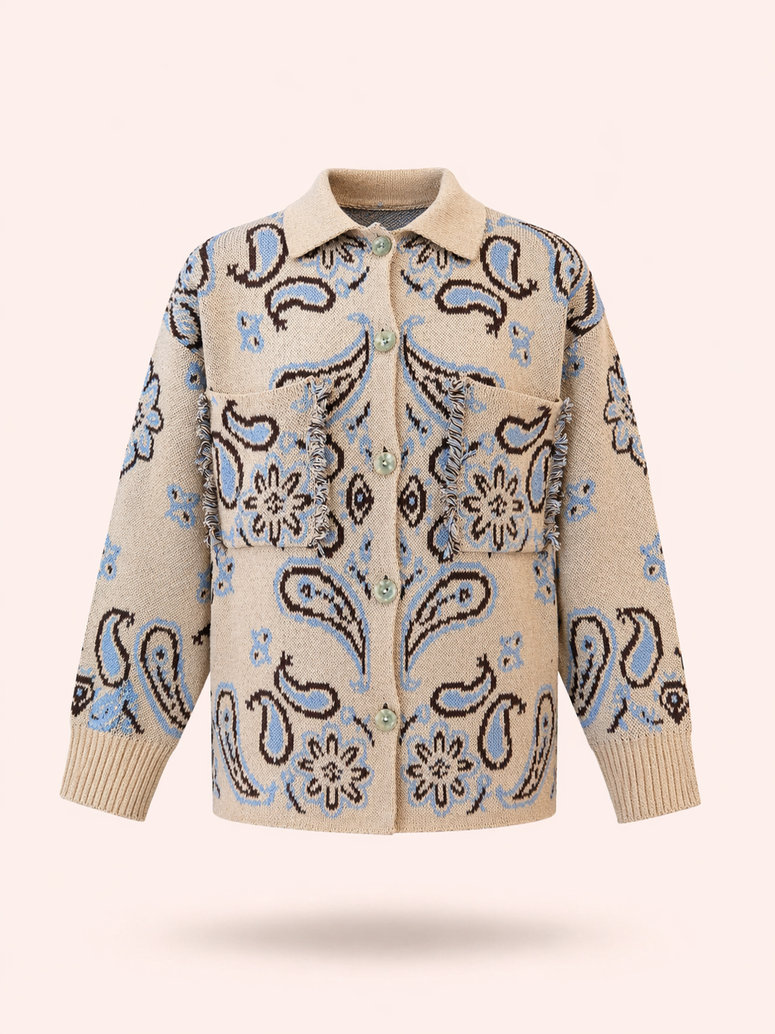 Cream Paisley Knit Cardigan - Relaxed Fit Button-Up Jacket