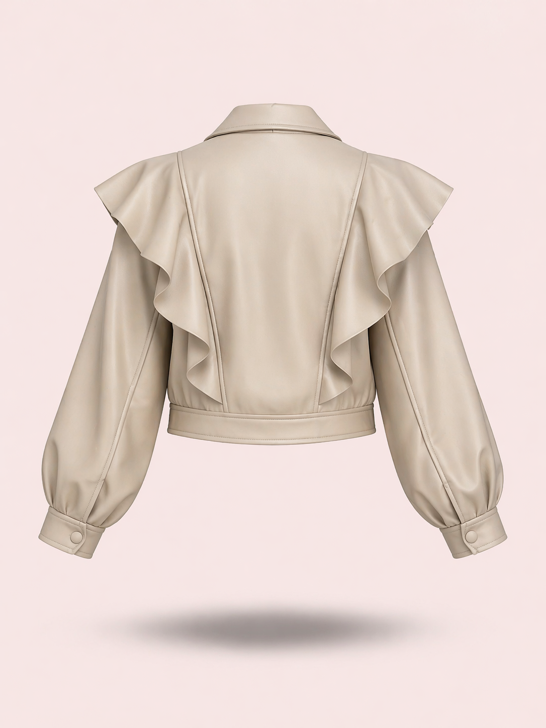 Cream Ruffle Cropped Relaxed Fit Jacket in Eco Leather - Elegant Statement Blazer