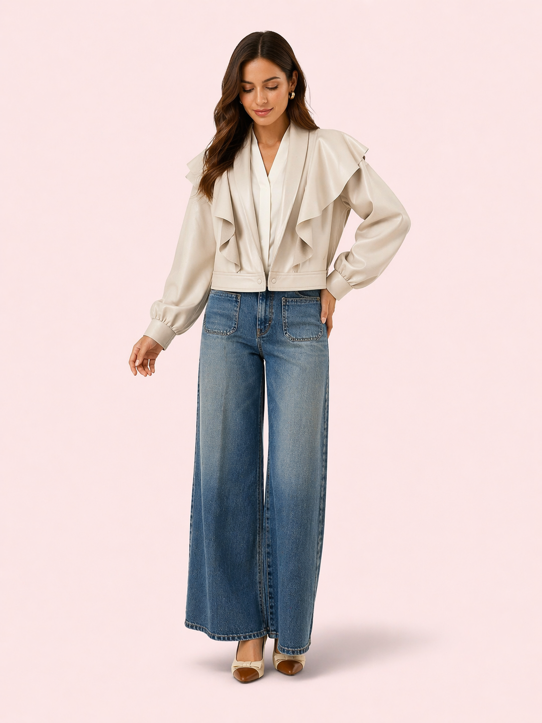 Cream Ruffle Cropped Relaxed Fit Jacket in Eco Leather - Elegant Statement Blazer