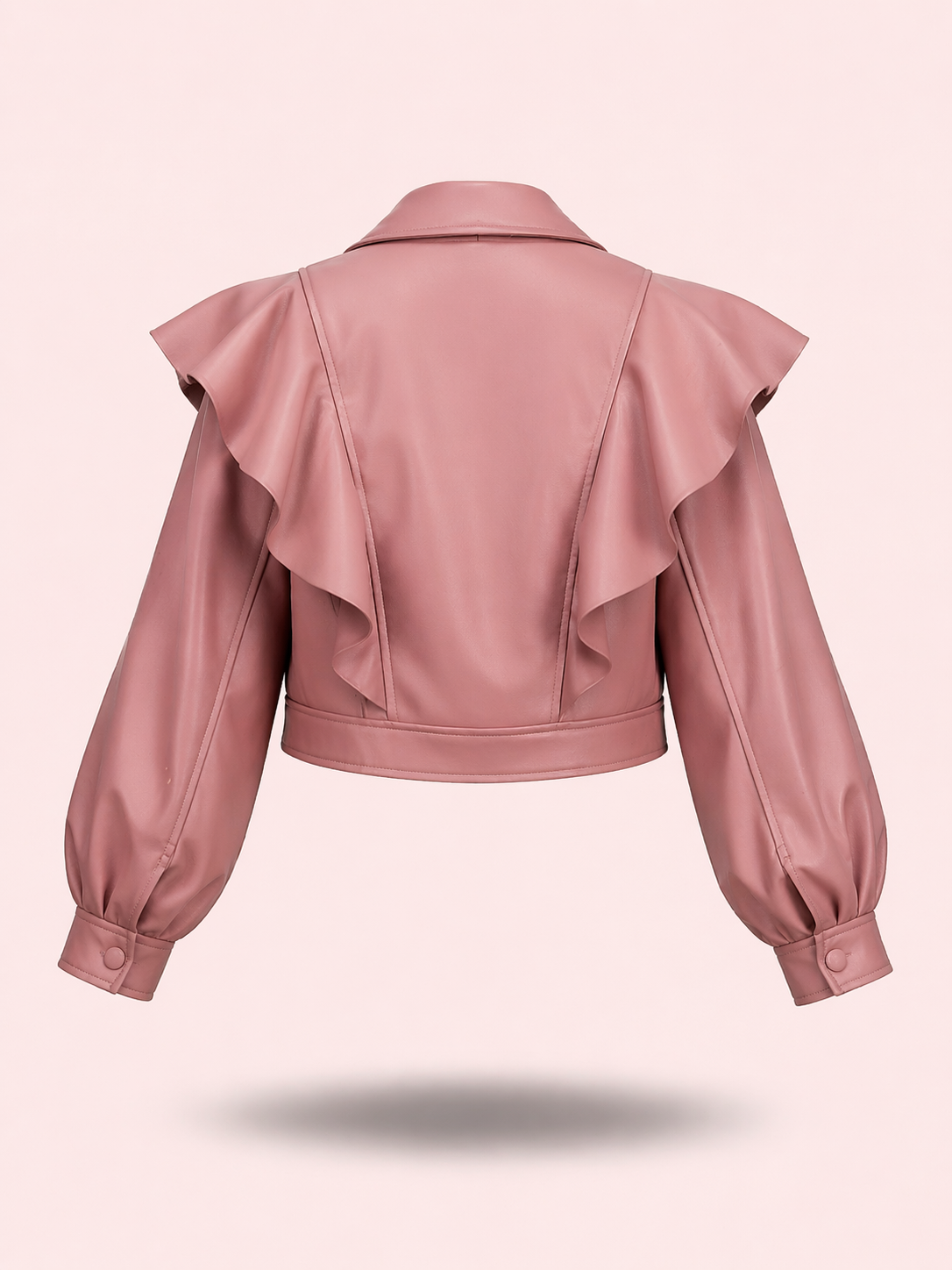 Dusty Rose Ruffle Cropped Relaxed Fit Jacket in Eco Leather - Elegant Statement Blazer