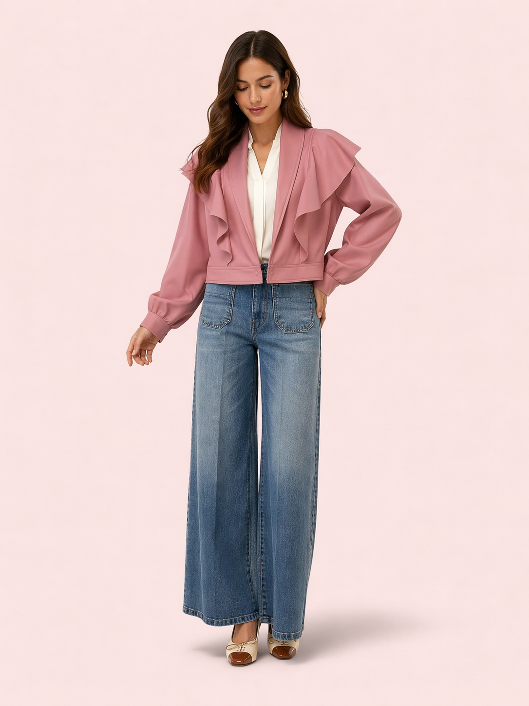 Dusty Rose Ruffle Cropped Relaxed Fit Jacket in Eco Leather - Elegant Statement Blazer
