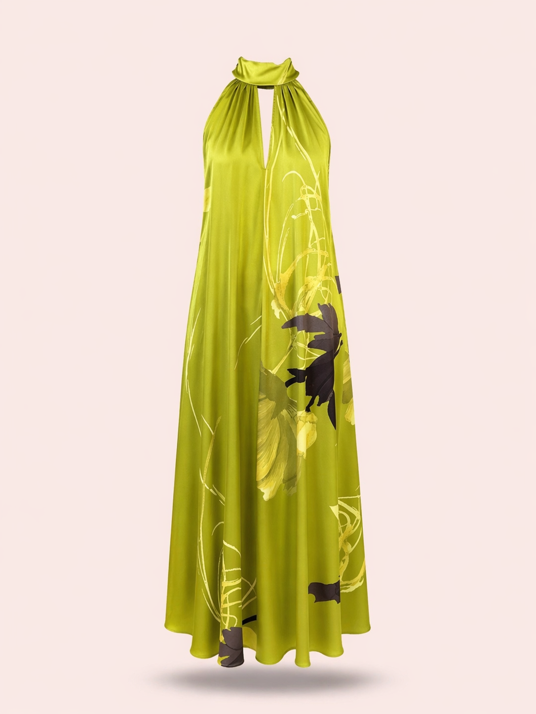 Lime Green Halter Neck Maxi Dress - Flowing Floral Print Dress