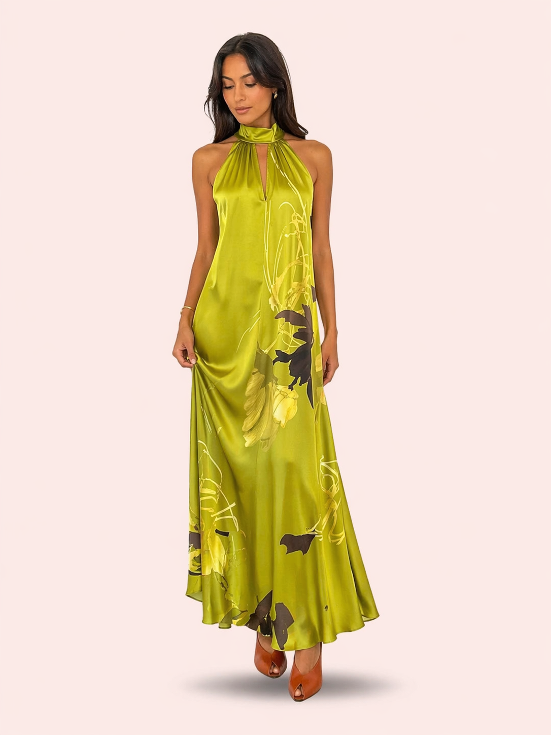 Lime Green Halter Neck Maxi Dress - Flowing Floral Print Dress