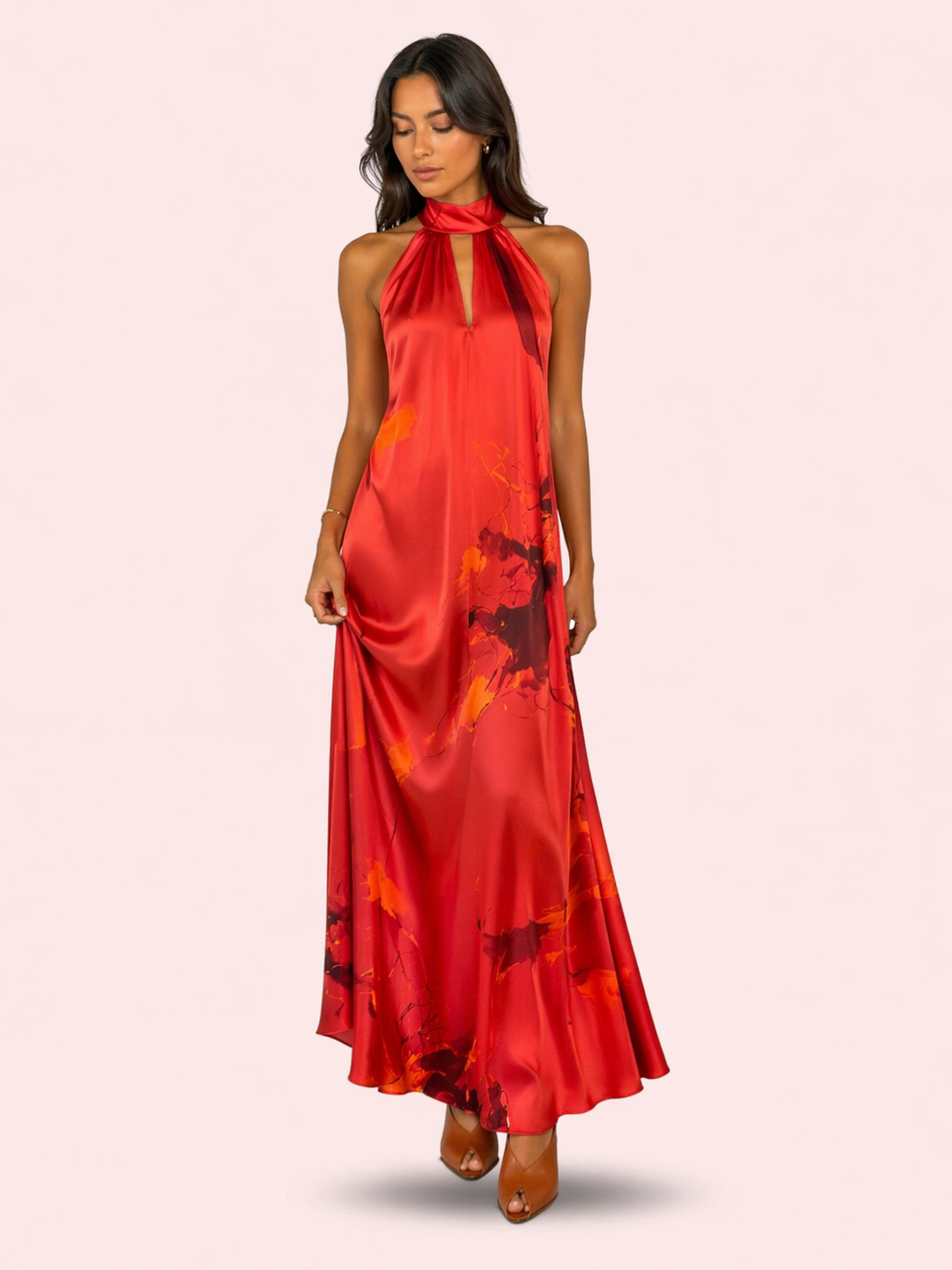 Red Halter Neck Maxi Dress - Flowing Elegant Dress