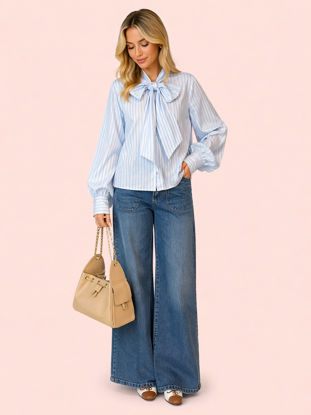 Relaxed Fit Light Blue Striped Bow Tie Cotton Shirt