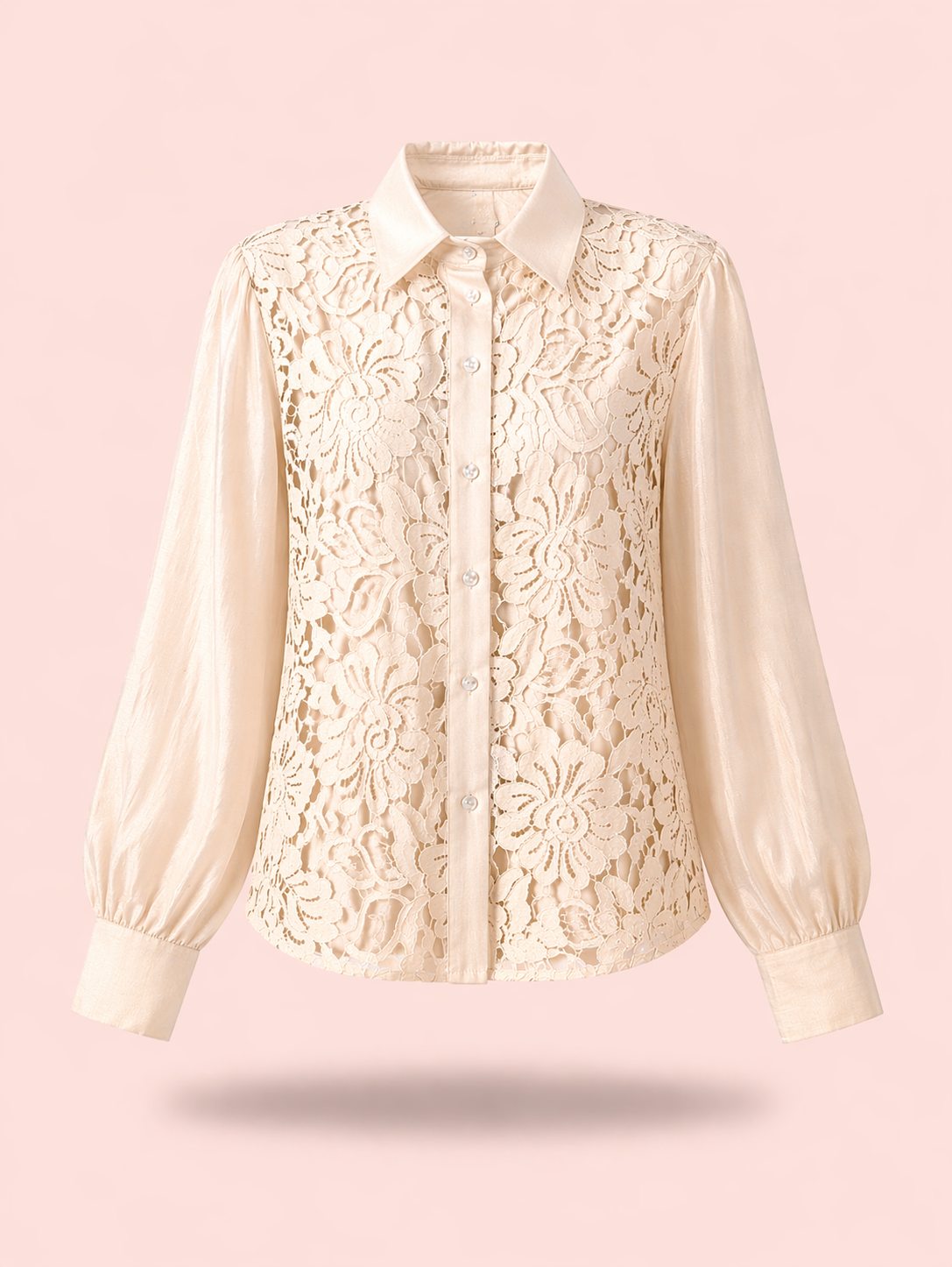 Beige Lace Shirt Blouse - Elegant Button-Up Long Sleeve Shirt