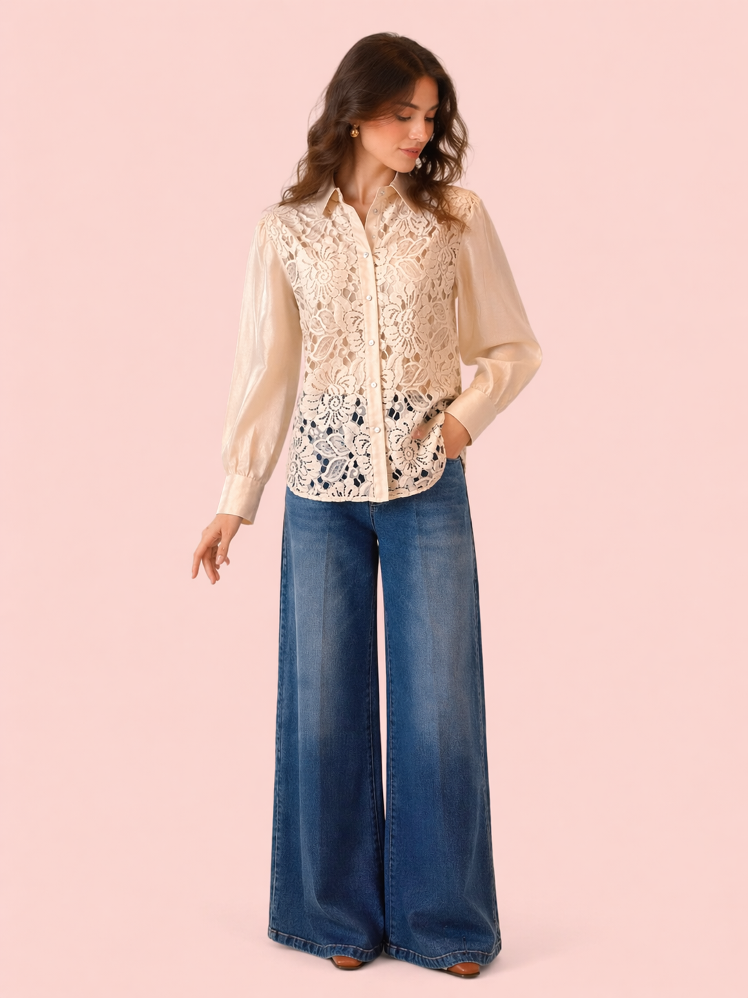 Beige Lace Shirt Blouse - Elegant Button-Up Long Sleeve Shirt
