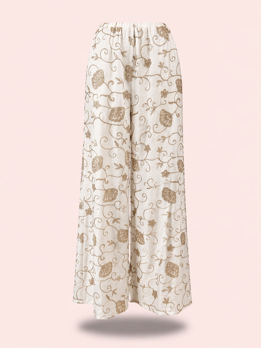 Cream With Gold Embroidered Relaxed Fit Trousers - Elegant Wide Leg Trousers