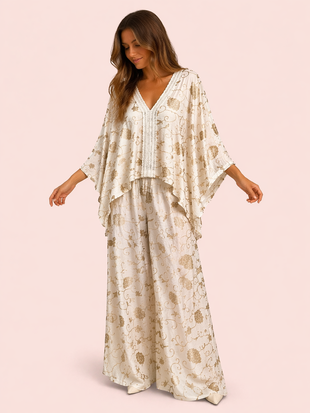 Cream Gold Embroidered Relaxed Fit Kimono Top