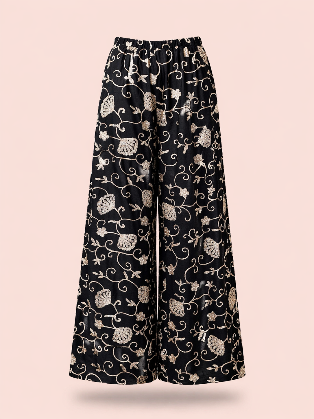 Black Gold Embroidered Relaxed Fit Trousers - Elegant Wide Leg Trousers