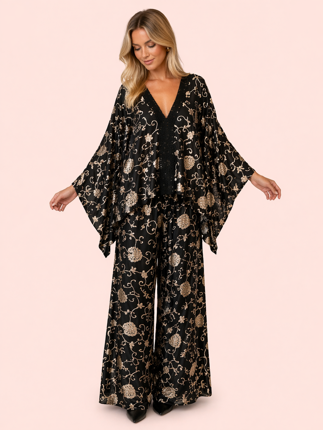 Black Gold Embroidered Relaxed Fit Kimono Top