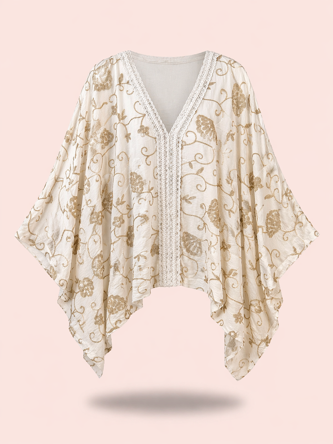 Cream Gold Embroidered Relaxed Fit Kimono Top