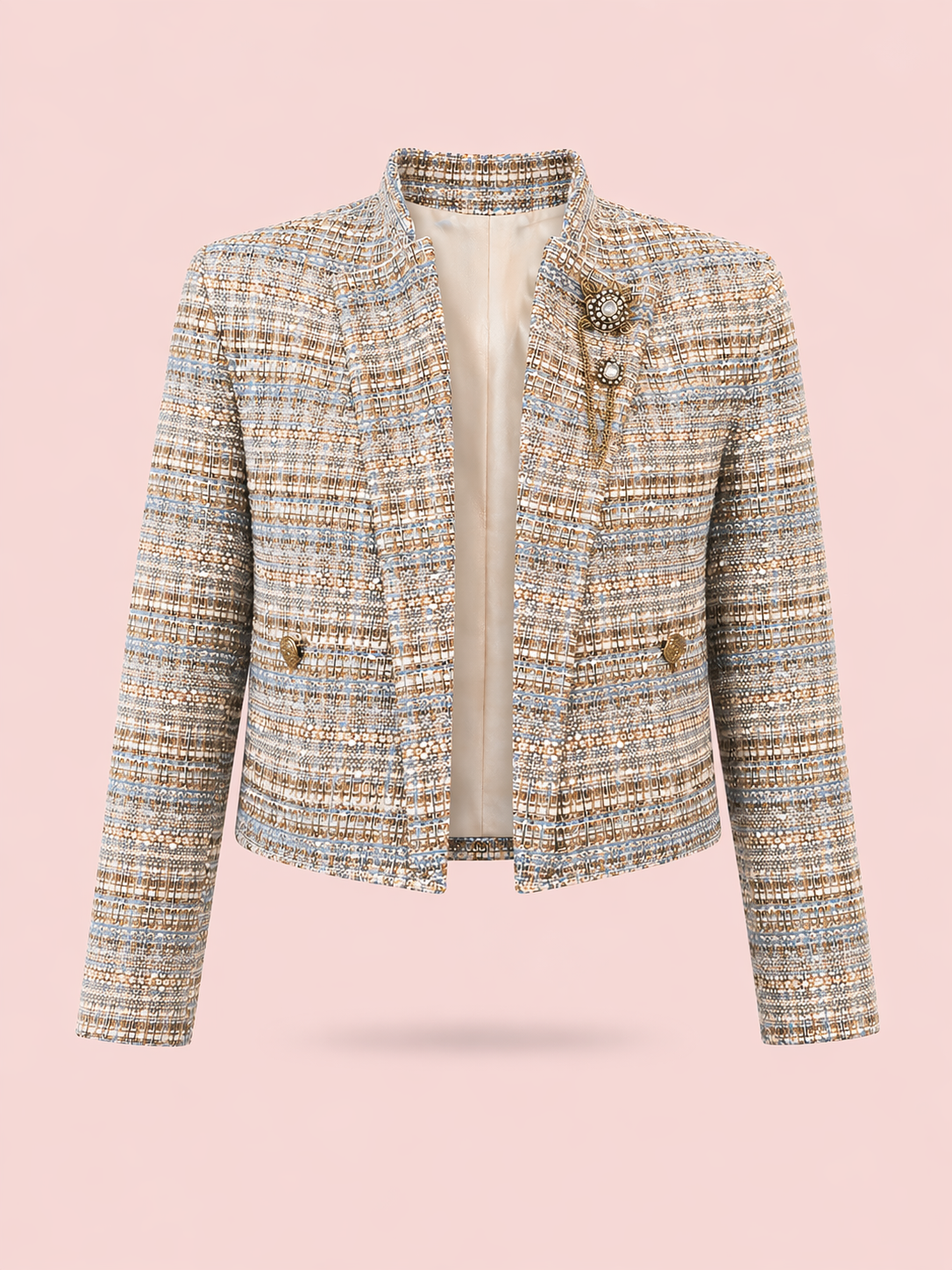 Luxury Tweed Cropped Jacket - Cream, Blue & Gold Textured Blazer