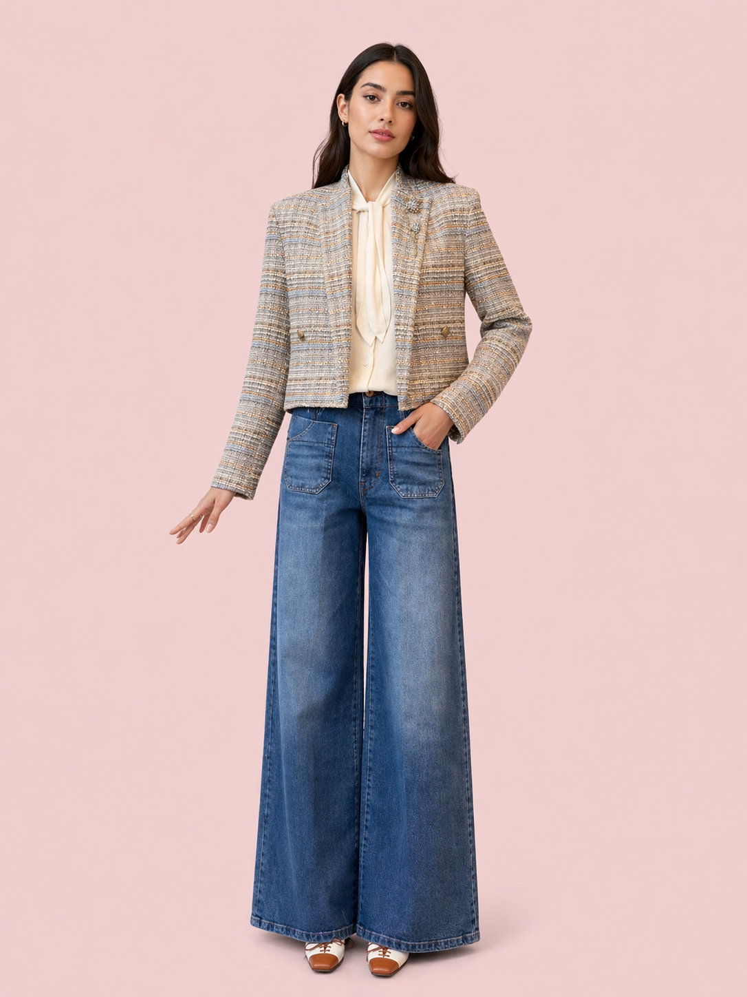 Luxury Tweed Cropped Jacket - Cream, Blue & Gold Textured Blazer