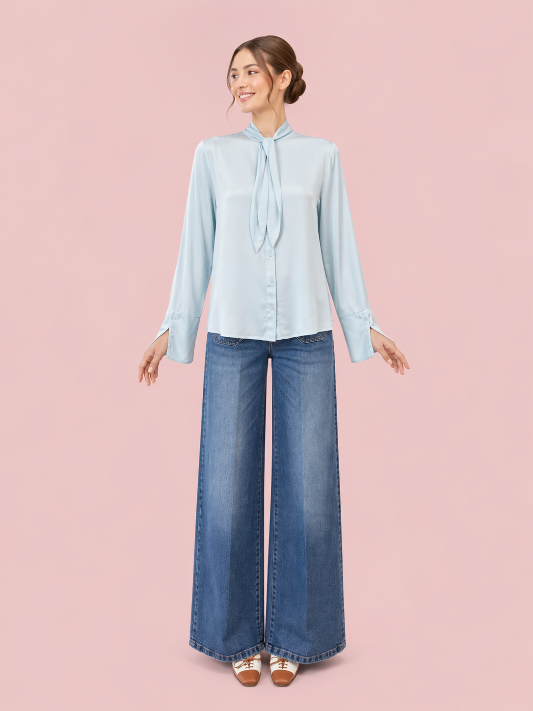 Pastel Blue Tie-Neck Blouse