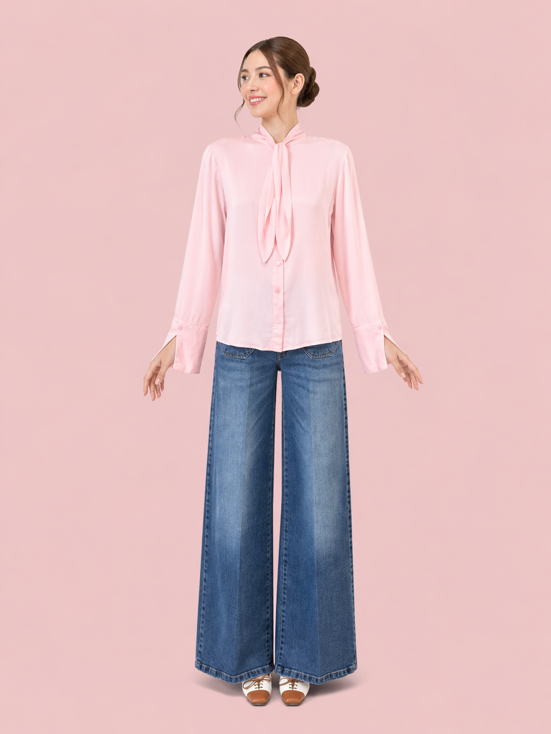 Pastel Pink Tie-Neck Blouse
