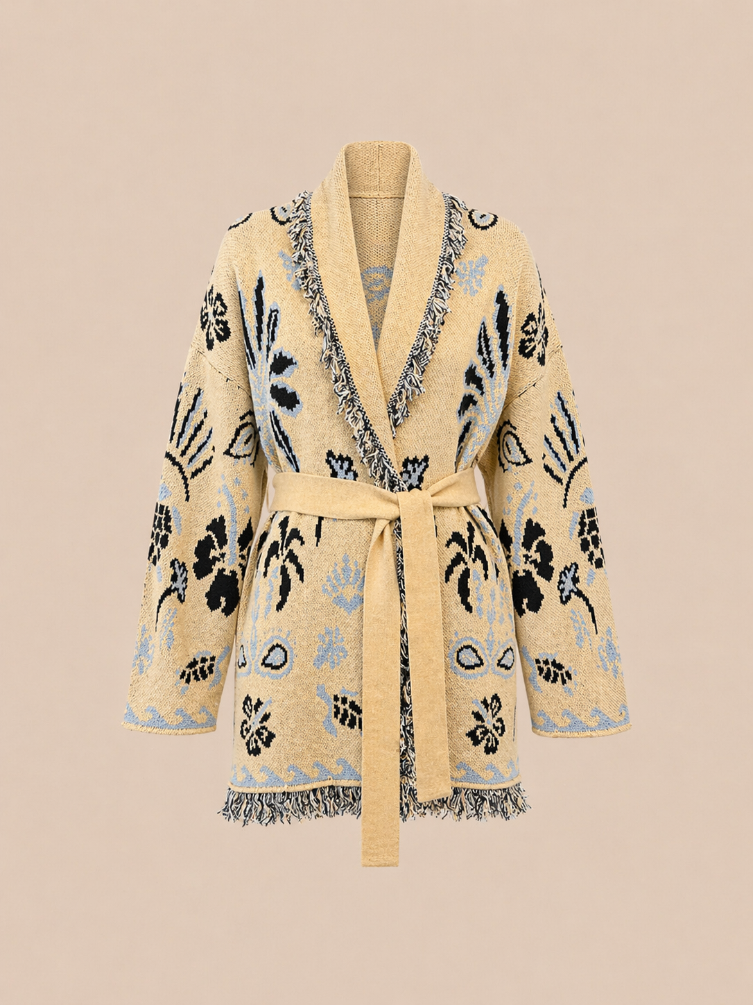 Belted Boho Knit Cardigan - Beige & Blue Oversized Statement Jacket