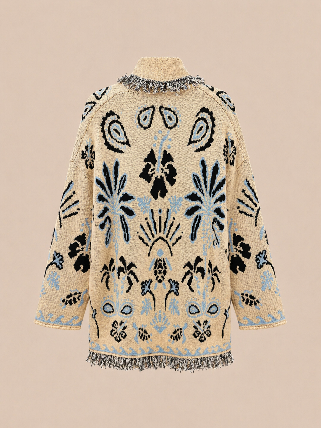 Belted Boho Knit Cardigan - Beige & Blue Oversized Statement Jacket