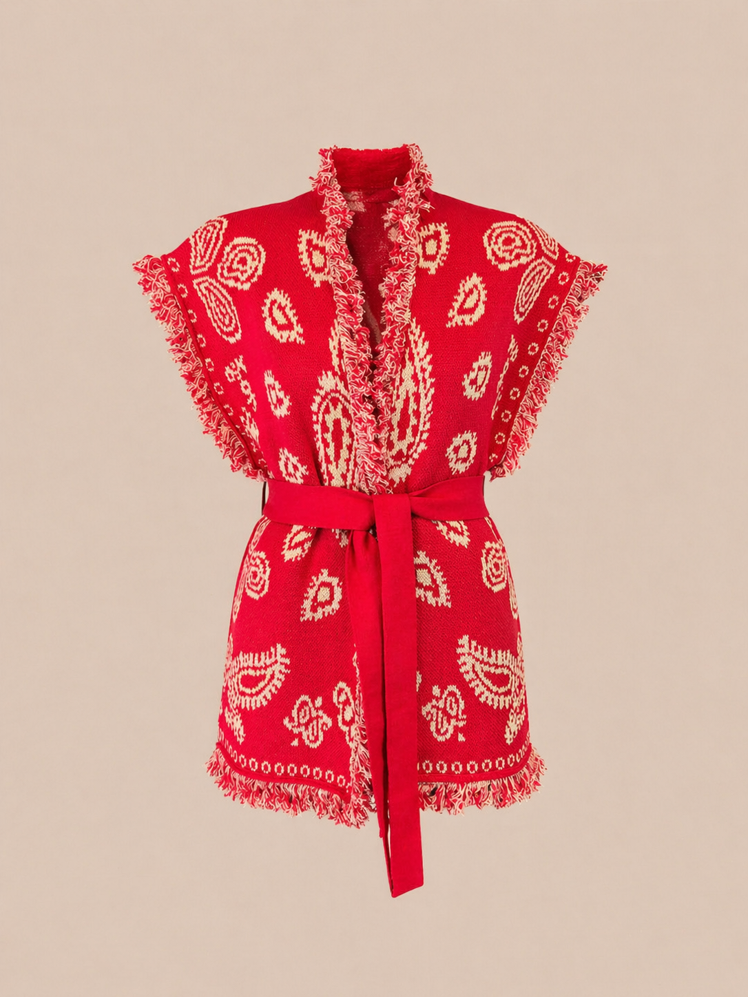 Red Belted Boho Knit Vest Cardigan - Fringe Relaxed Fit Statement Layer