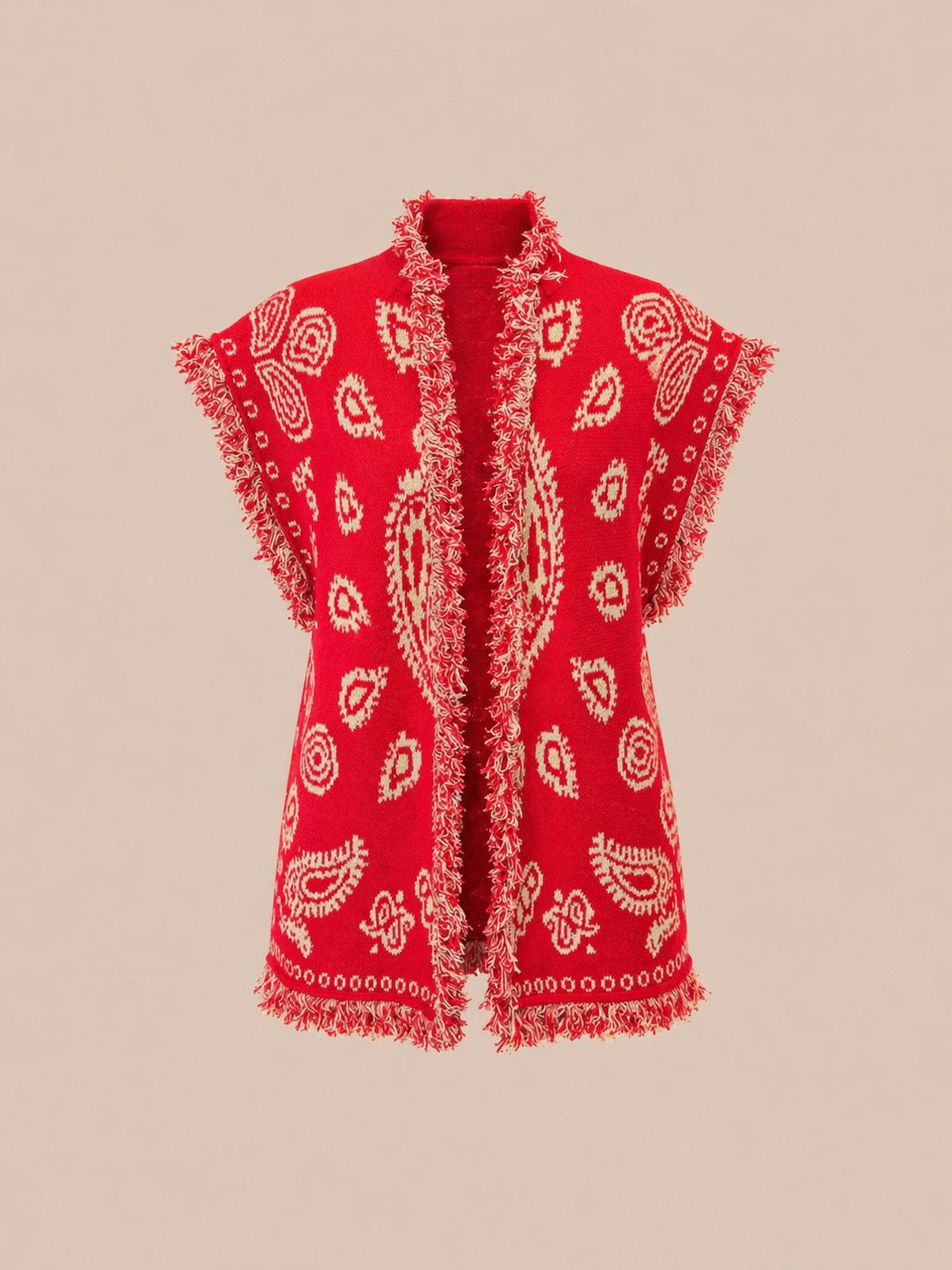 Red Belted Boho Knit Vest Cardigan - Fringe Relaxed Fit Statement Layer